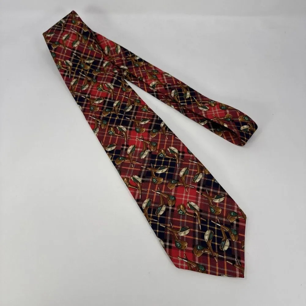 VTG Huntington Necktie‎ 100% Silk Golf Club Red Blue Plaid USA Made 3.75